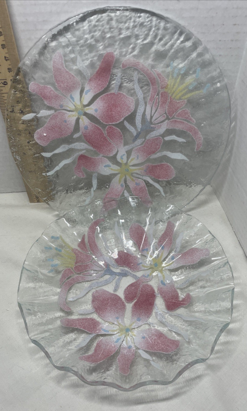Vintage 2 Sydenstricker Fused Glass Plate And Bowl Set Flowers Pink Lilies